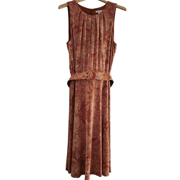 London Times Orange Pleated Belted Sleeveless Midi Dress NWOT Size 14 - Picture 1 of 10